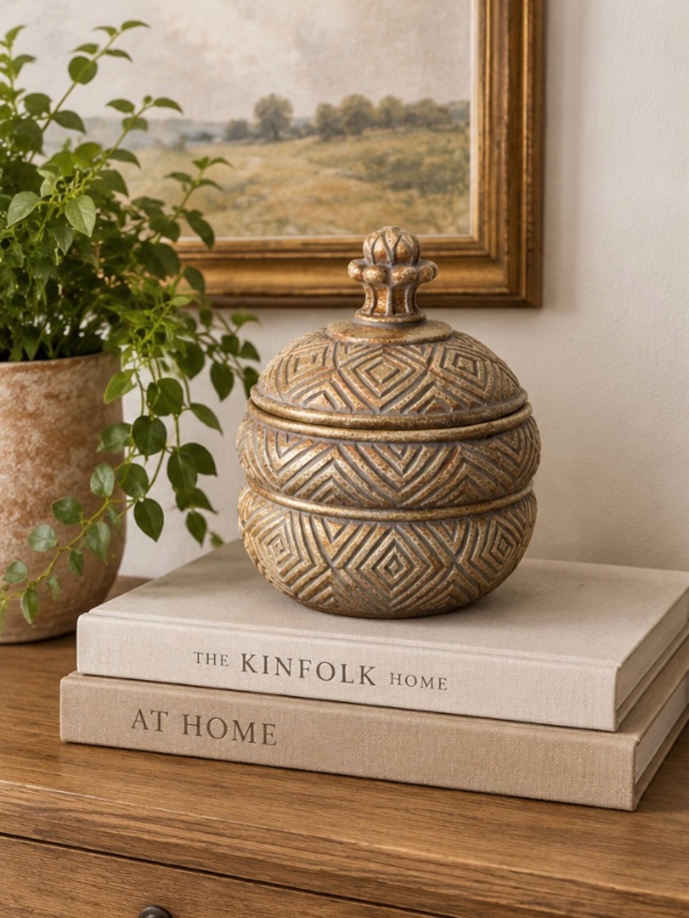 Decorative Geometric Lidded Vessel Gold & Brown Heavy Ceramic Trinket Box 7.5”